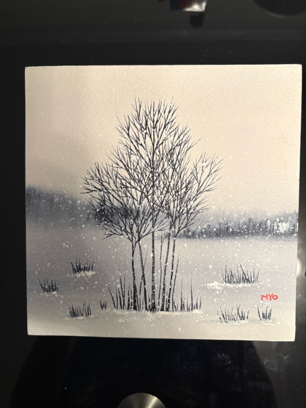 Winter snow trees landscape  original art painting wood 6x6x2”